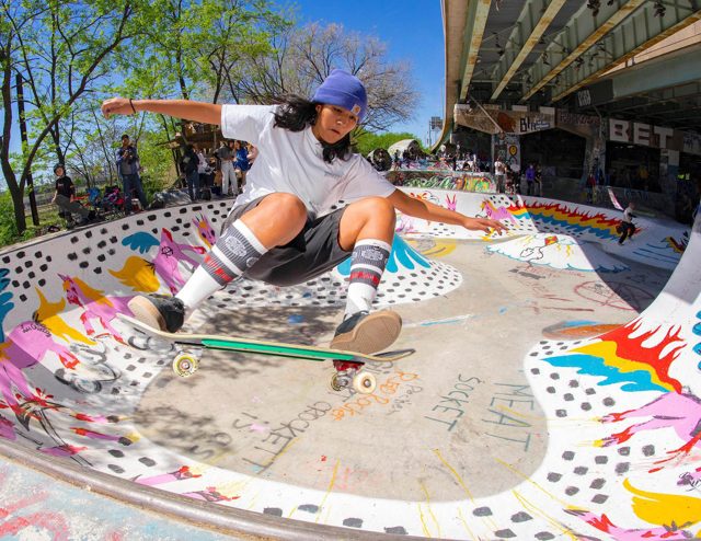 A skater in a painted bowl at FDR Skatepark